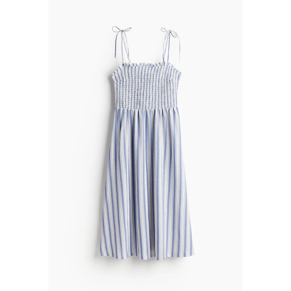 H&M Divided Light Blue Striped Smocked Tie Shoulder Midi Dress XS Coastal Summer